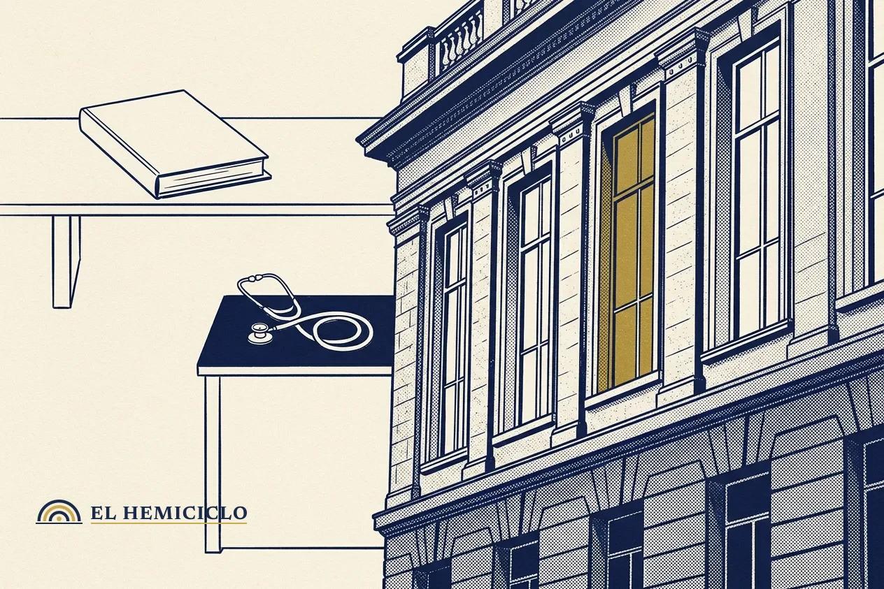 Ilustración de El Hemiciclo · la fachada del Dane y el estetoscopio de las enfermedades