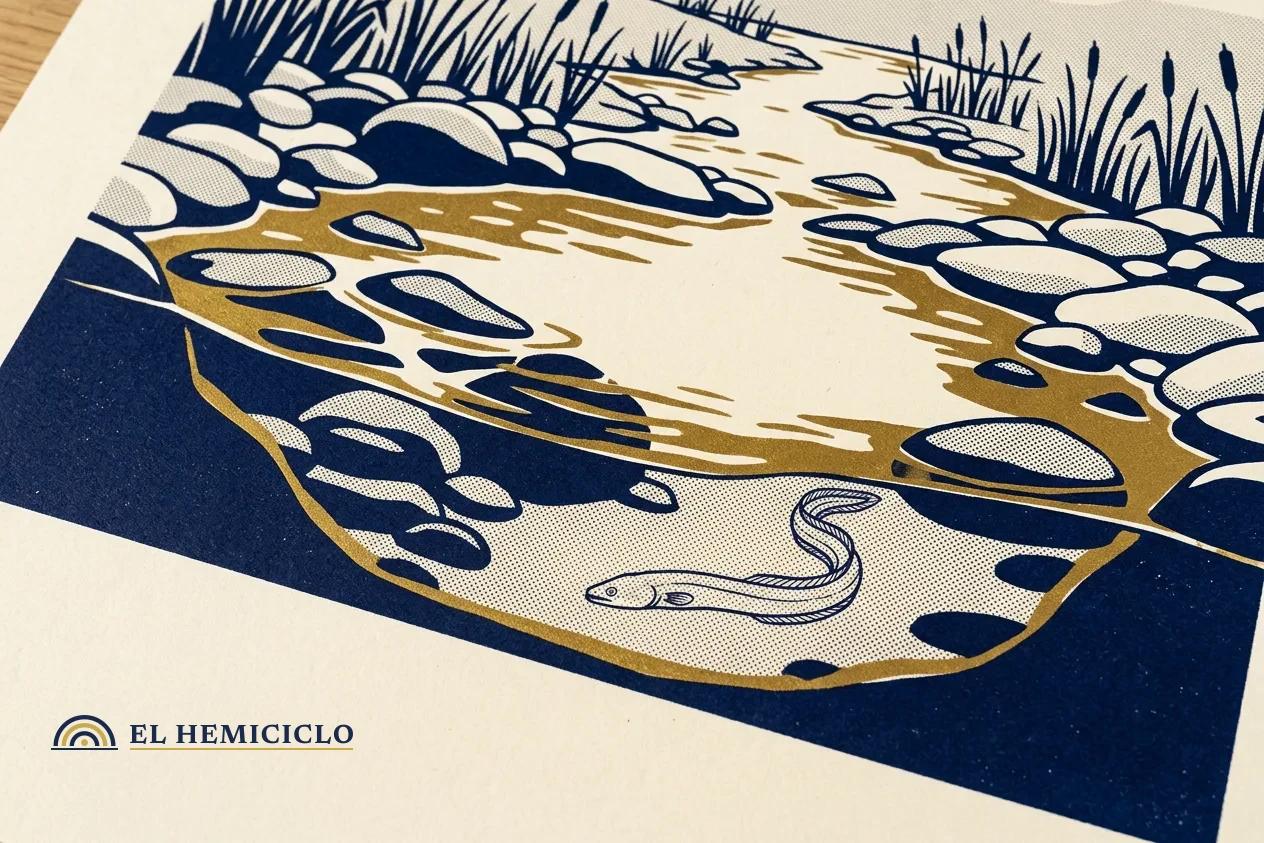 Ilustración de El Hemiciclo · la poza seca del río y la anguila varada