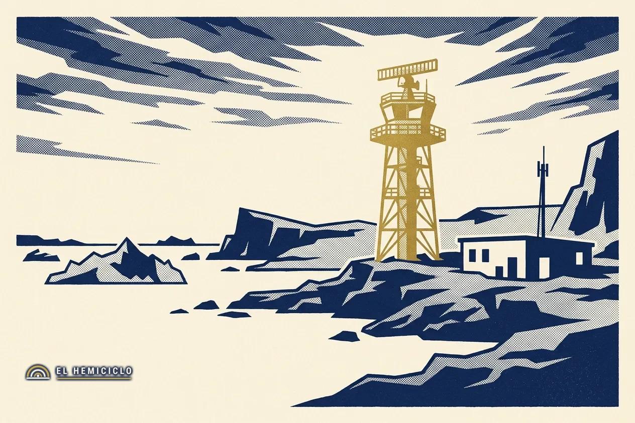 Ilustración de El Hemiciclo · la costa ártica de Groenlandia y su torre de vigilancia