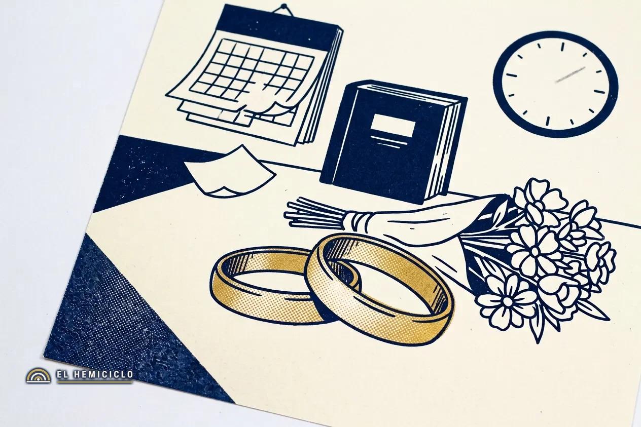 Ilustración de El Hemiciclo · los anillos de boda y el calendario del matrimonio en España