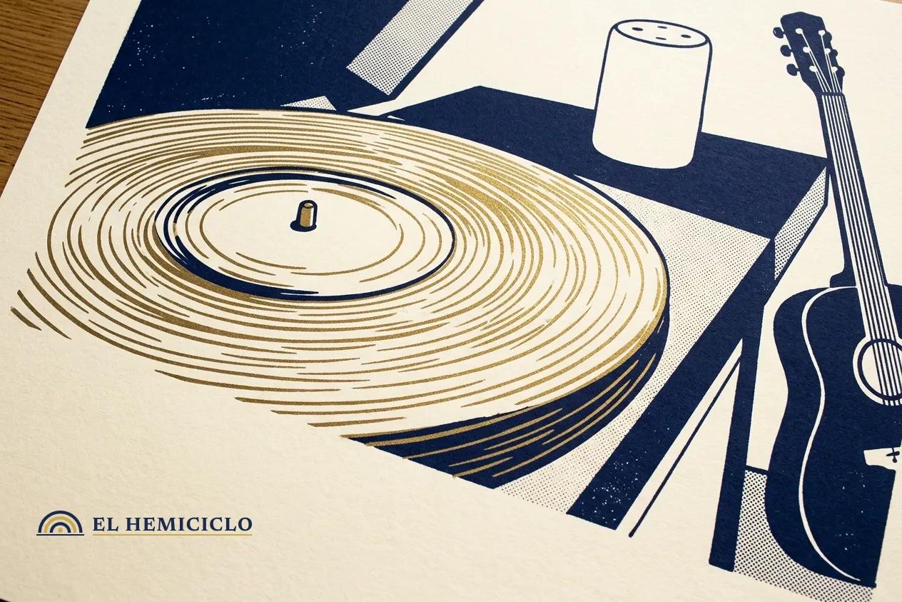 Ilustración de El Hemiciclo · el disco de vinilo y el altavoz del streaming latino