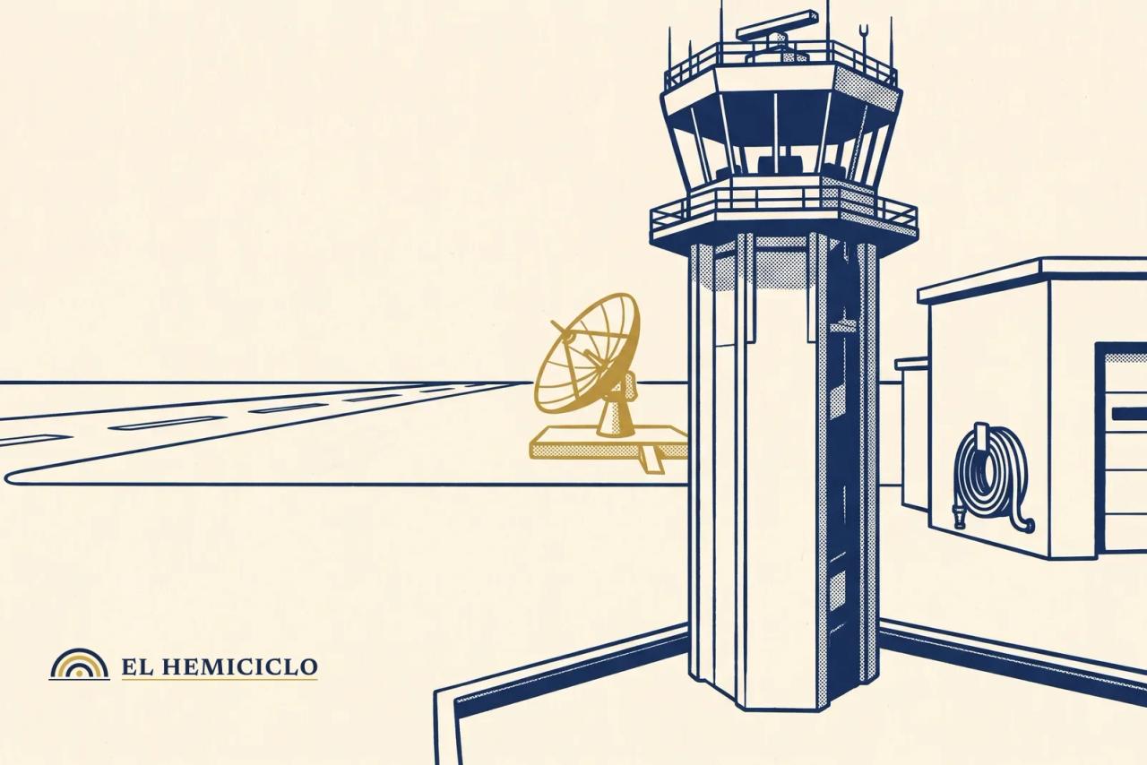 Ilustración de El Hemiciclo · la torre de control y el radar del aeropuerto de Riad