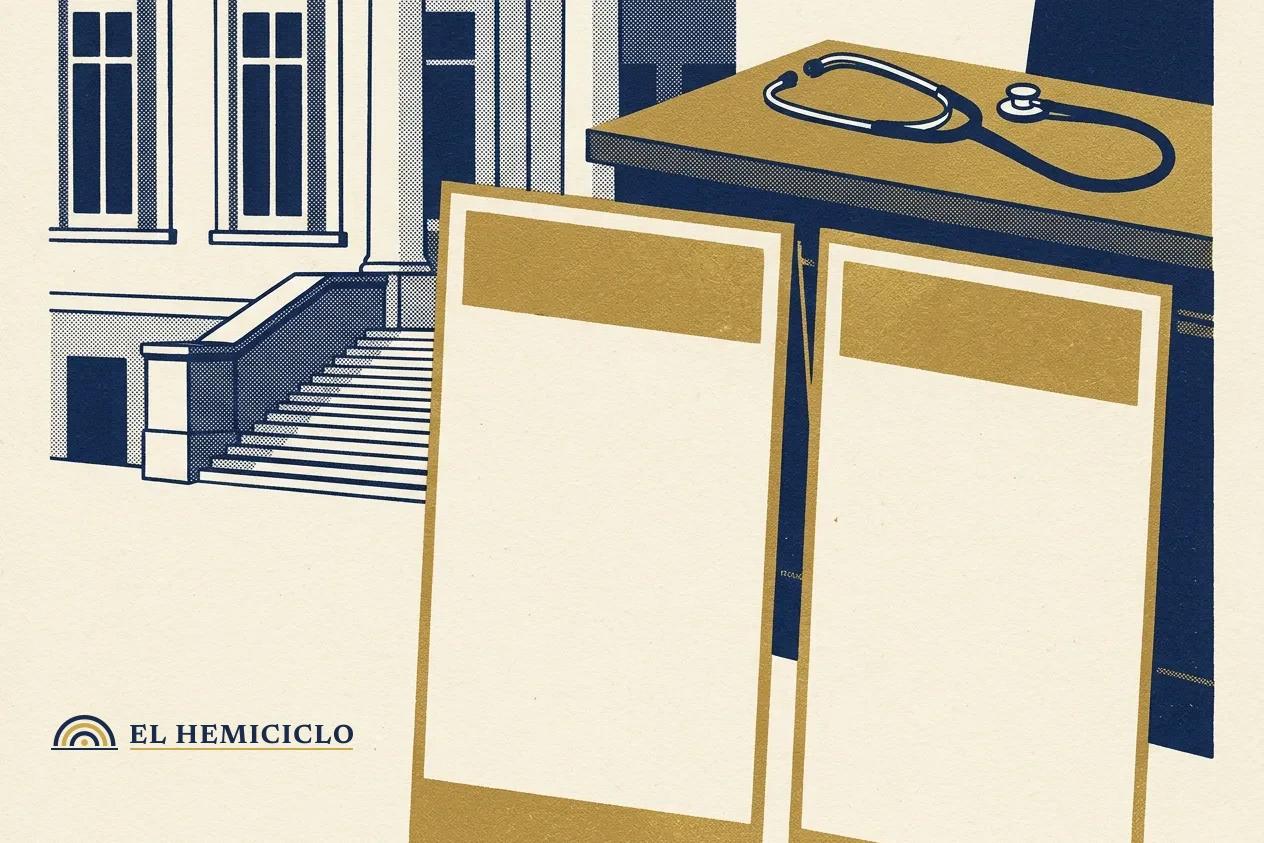 Ilustración de El Hemiciclo · las dos columnas de opinión y el estetoscopio del médico