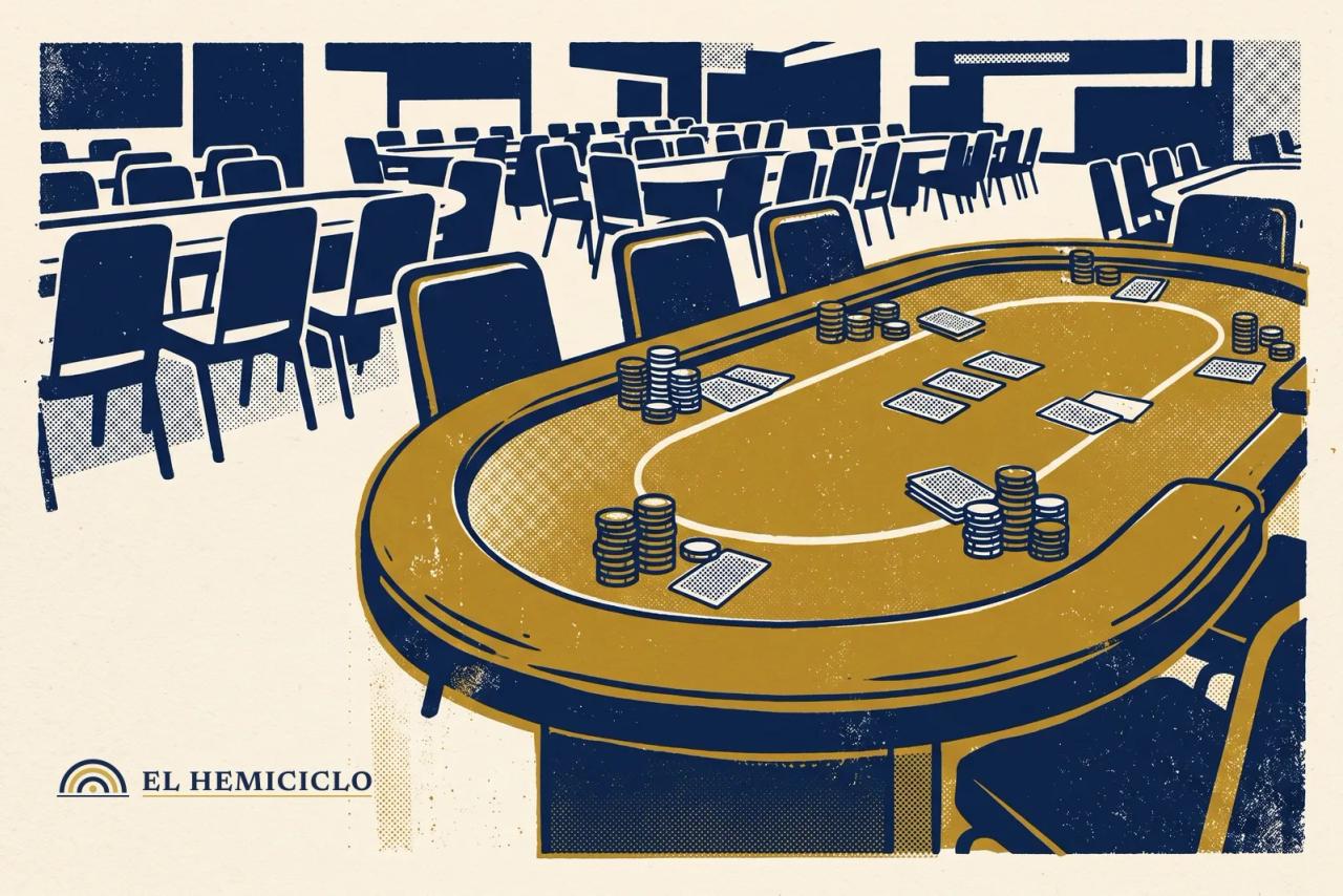 Ilustración de El Hemiciclo · la mesa de póker vacía del torneo y sus filas de sillas