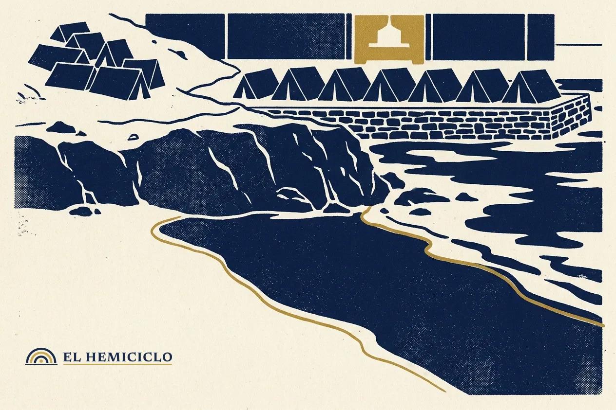 Ilustración de El Hemiciclo · la playa vacía de Ceuta y las carpas del centro de acogida