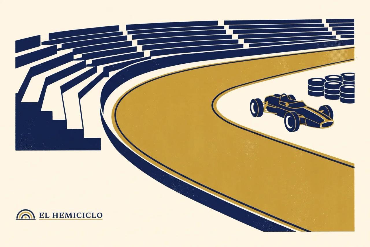 Ilustración de El Hemiciclo · la curva del Autódromo Hermanos Rodríguez y un monoplaza