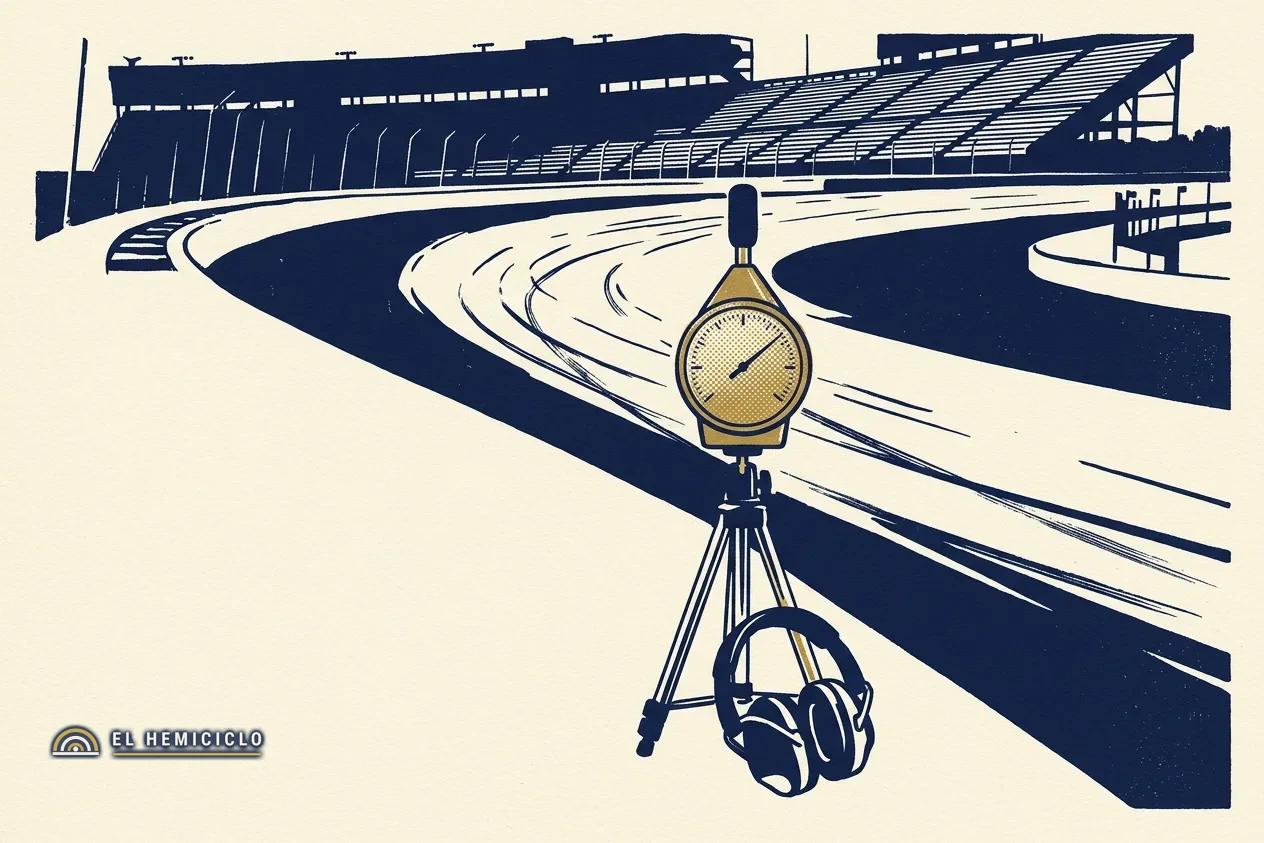 Ilustración de El Hemiciclo · el medidor de decibelios en la curva de Madring
