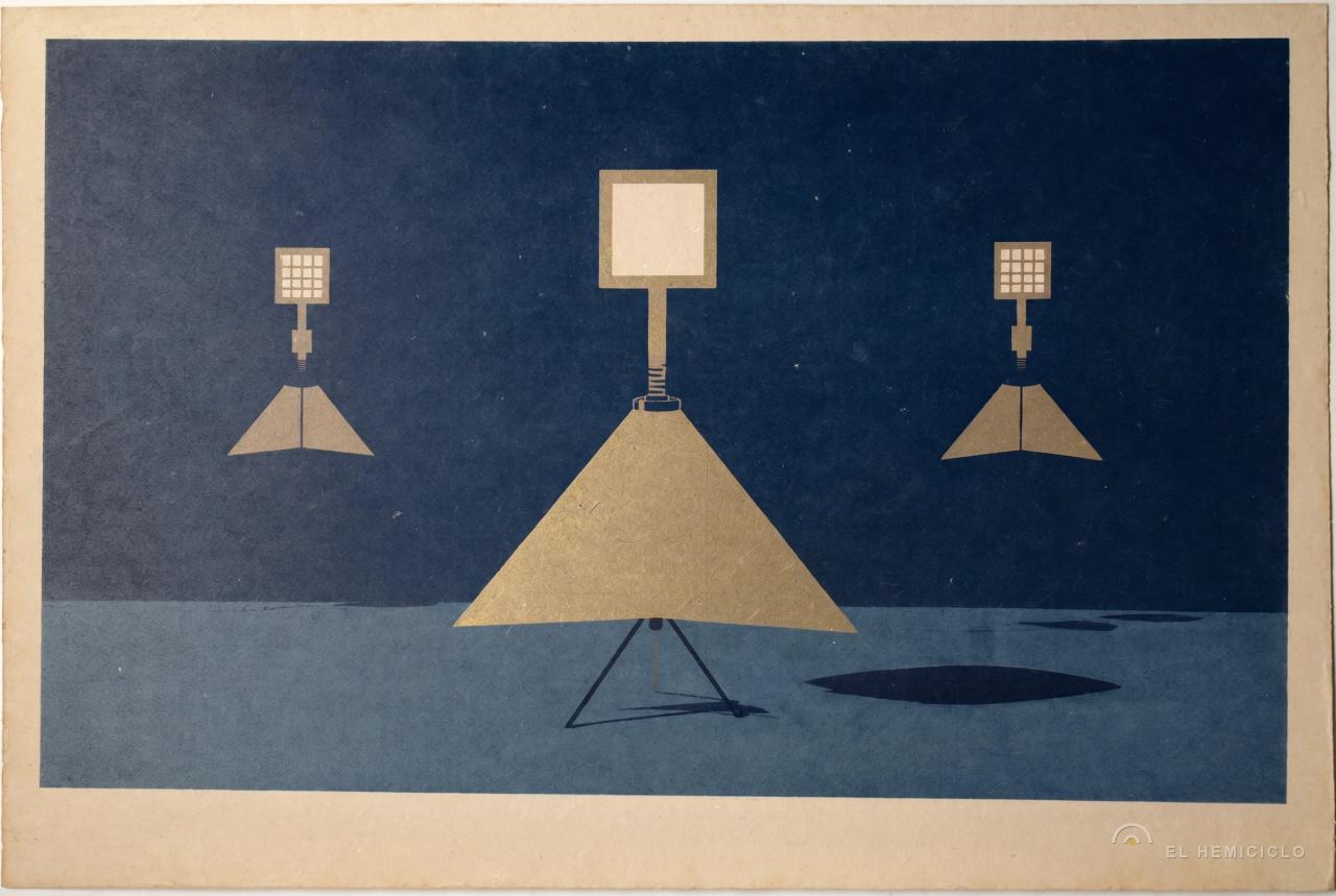 Ilustración estilizada de tres focos sumergidos en el fondo marino, uno central más grande iluminando desde arriba en aguas