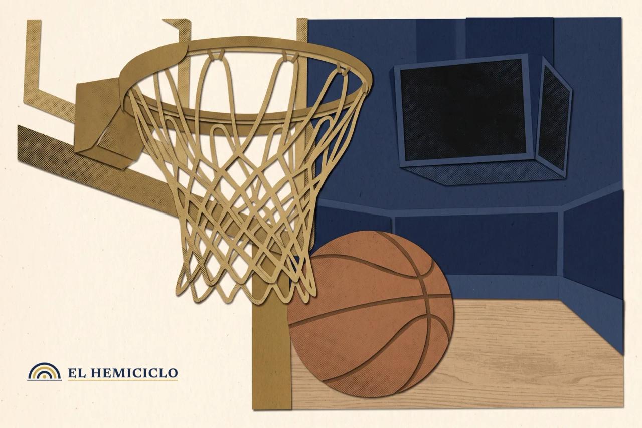 Ilustración de El Hemiciclo · el aro y el marcador en blanco de la cancha