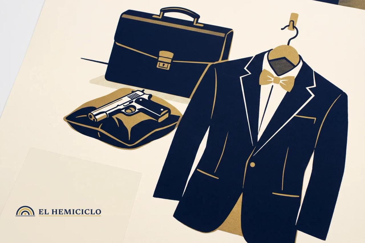 Ilustración de El Hemiciclo · el esmoquin y la pistola del nuevo James Bond