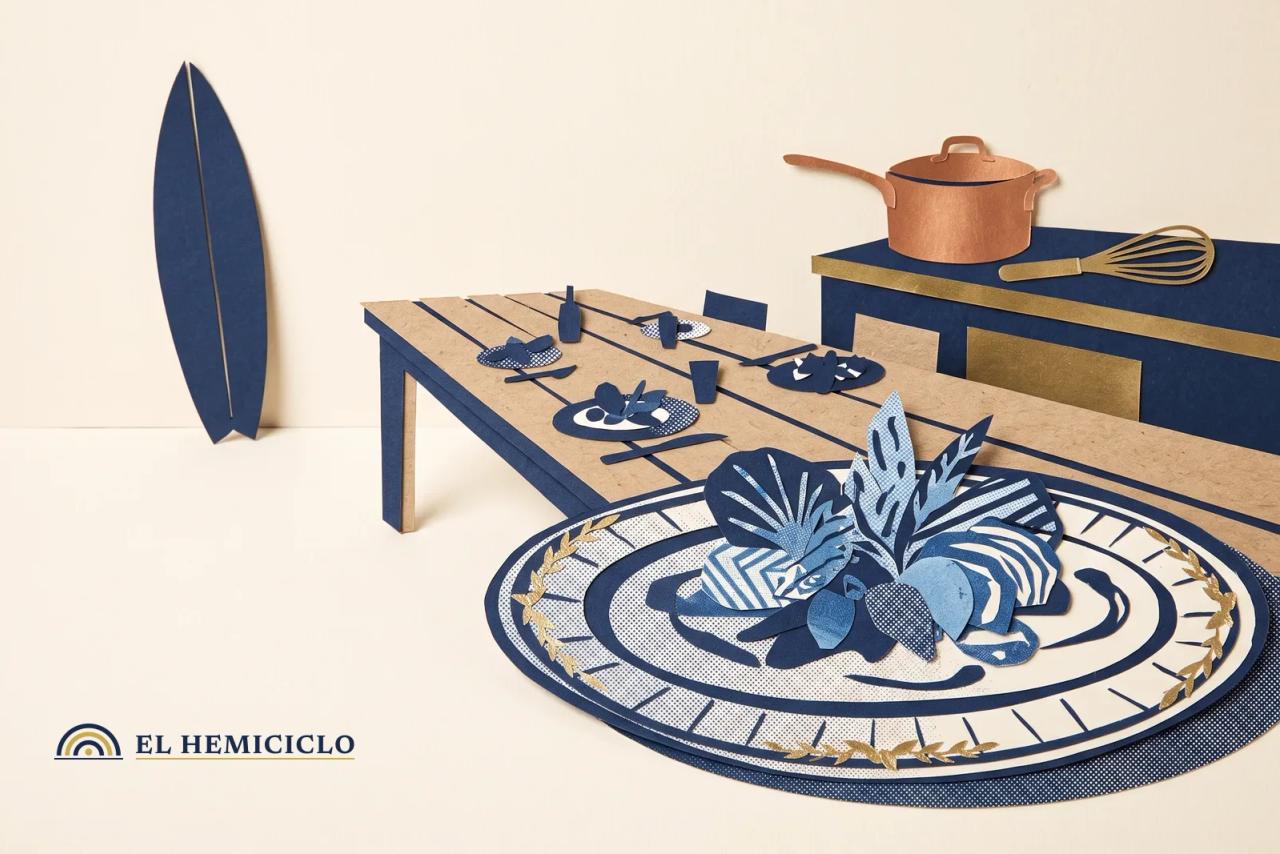 Ilustración de El Hemiciclo · la mesa de cenas colaborativas y los utensilios de cocina