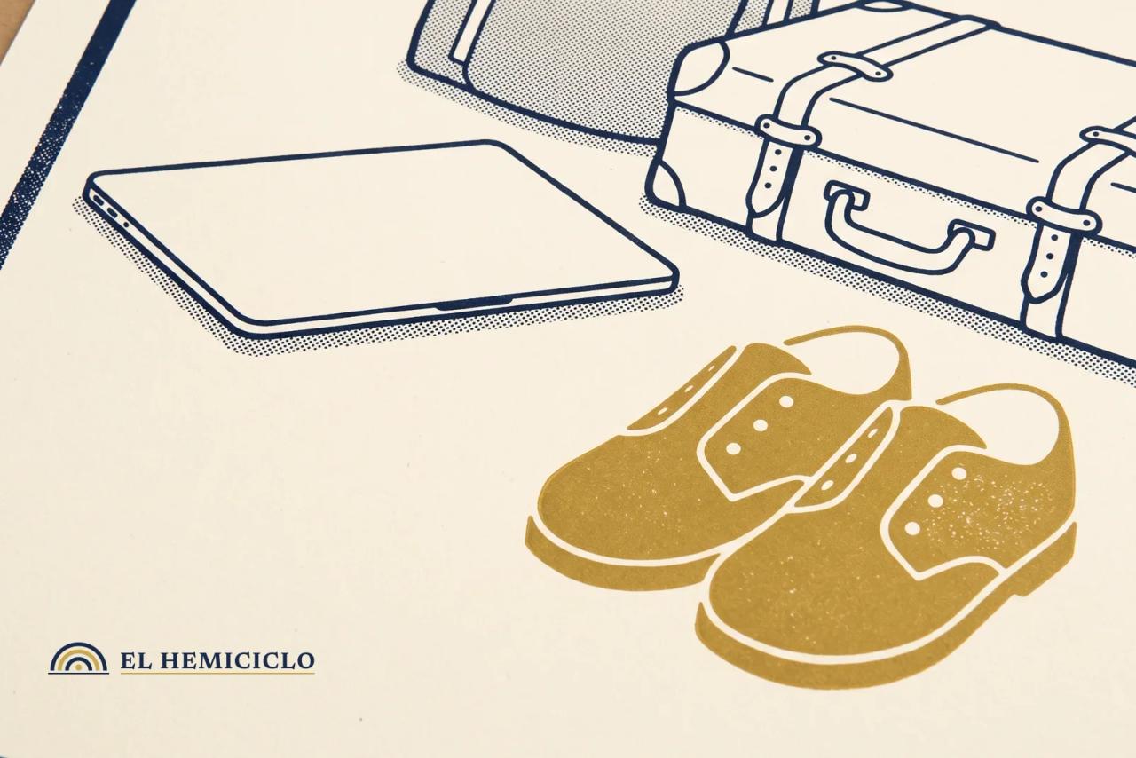 Ilustración de El Hemiciclo · los zapatos pequeños, el portátil y la maleta del plan