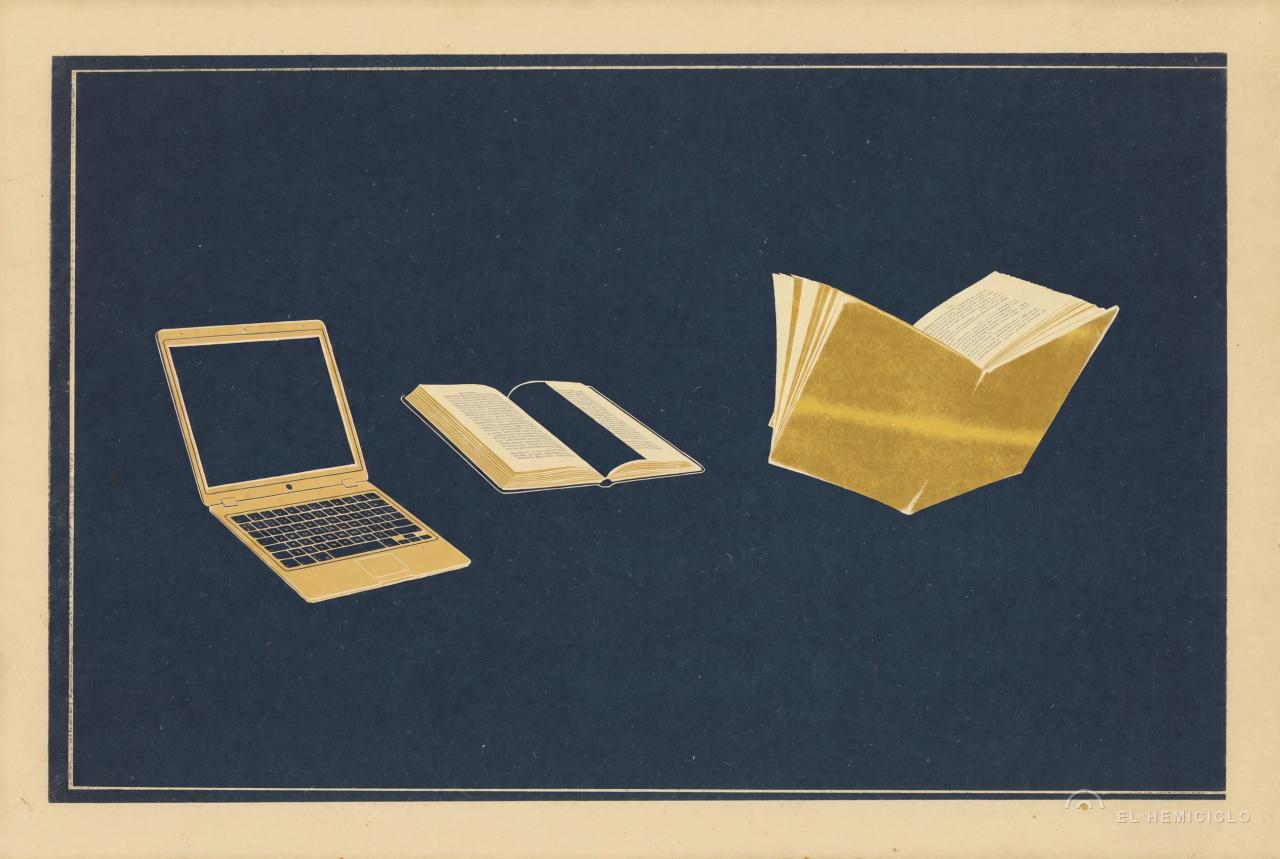 Ilustración de un portátil dorado, un libro abierto y otro libro cerrado sobre fondo azul oscuro
