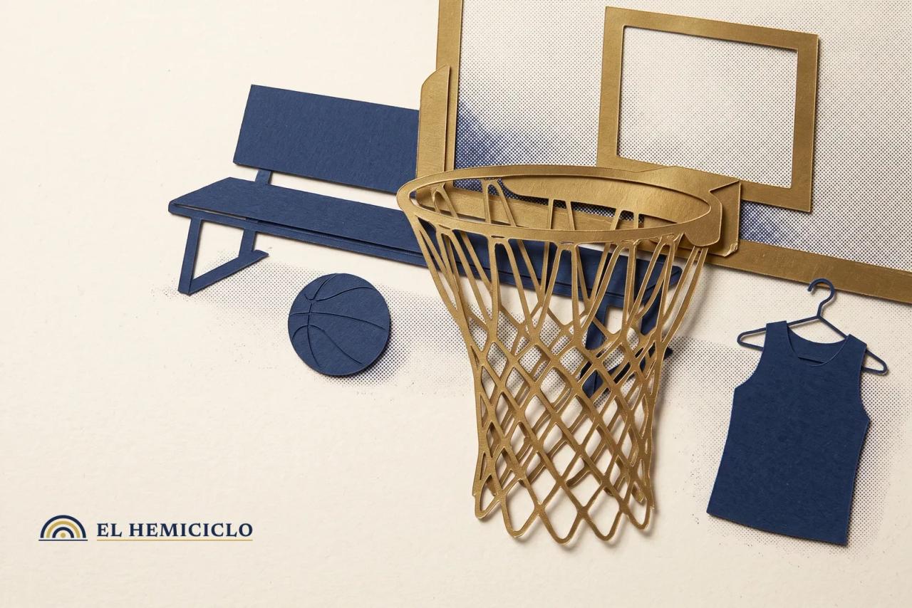 Ilustración de El Hemiciclo · el aro de baloncesto y el balón de la nueva temporada