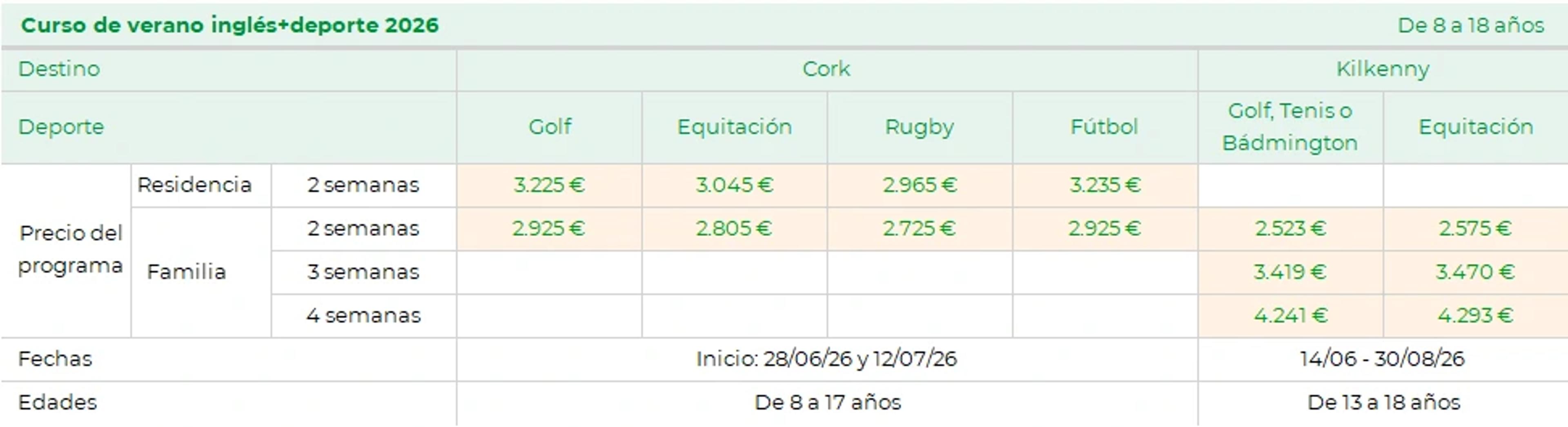 Curso de verano inglés+deporte - Precios