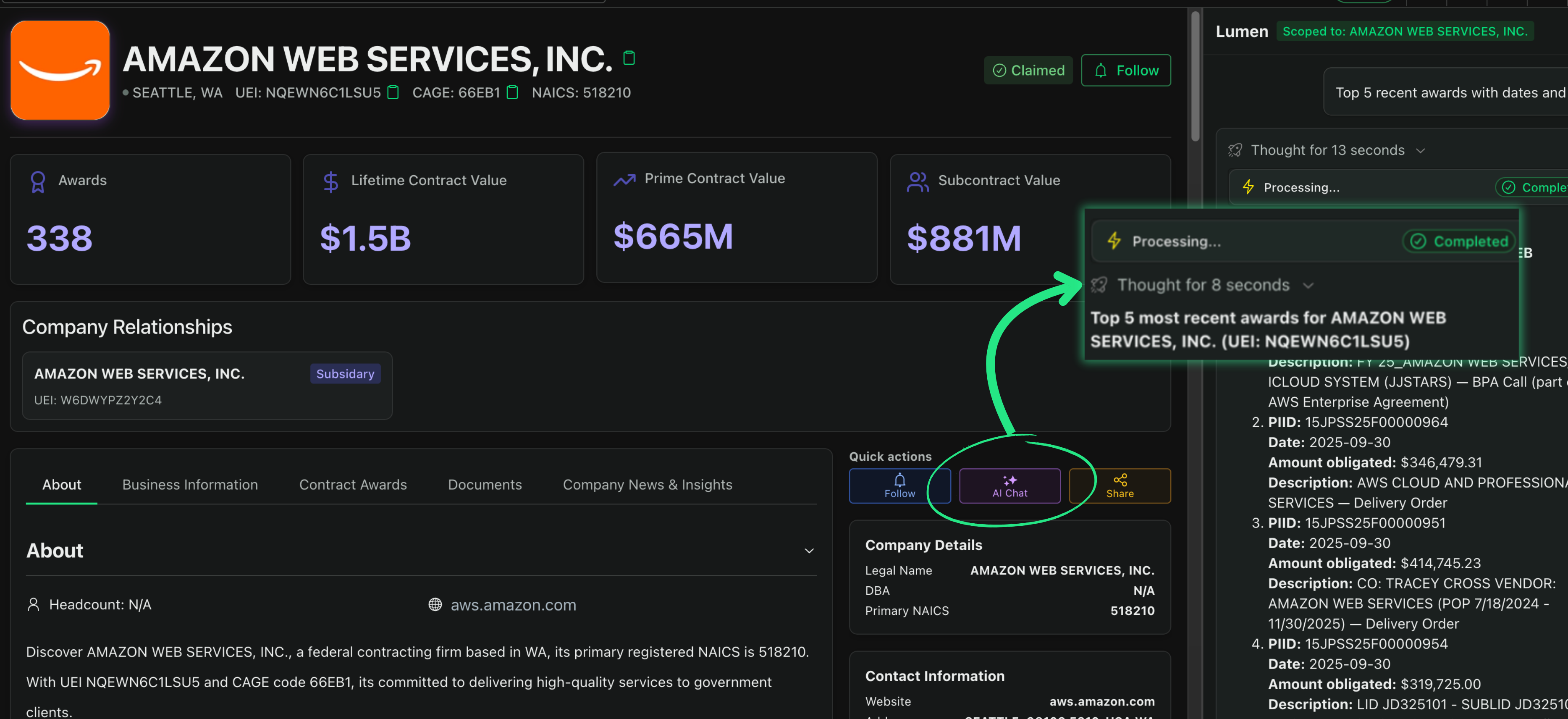 Screenshot of Lumen AI chat interface in GovCon Directory