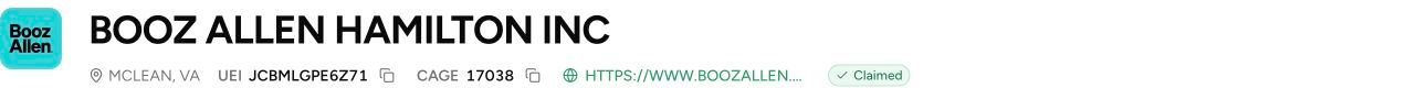 Booz Allen Hamilton company record in G2X, showing UEI JCBMLGPE6Z71 and CAGE 17038.