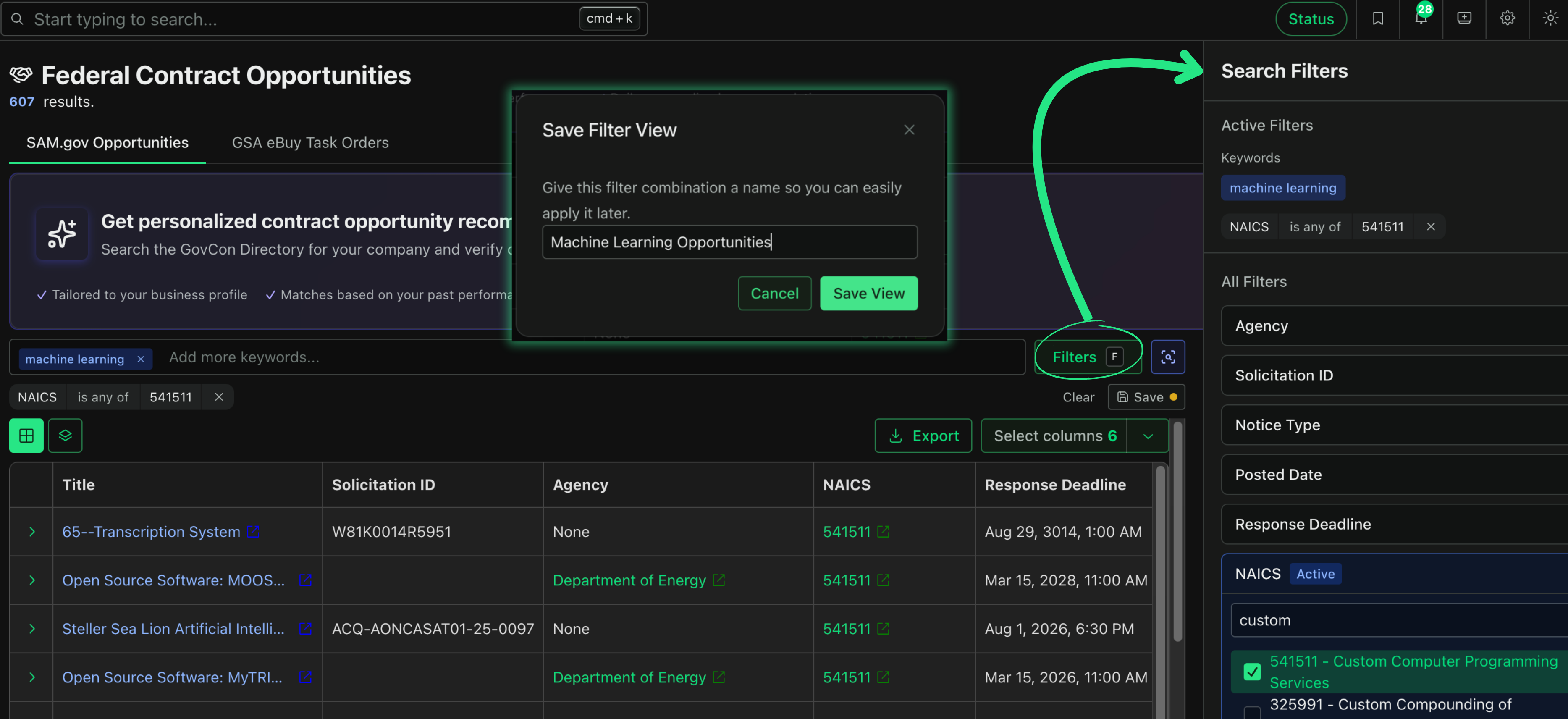 Screenshot of saved views and filters interface