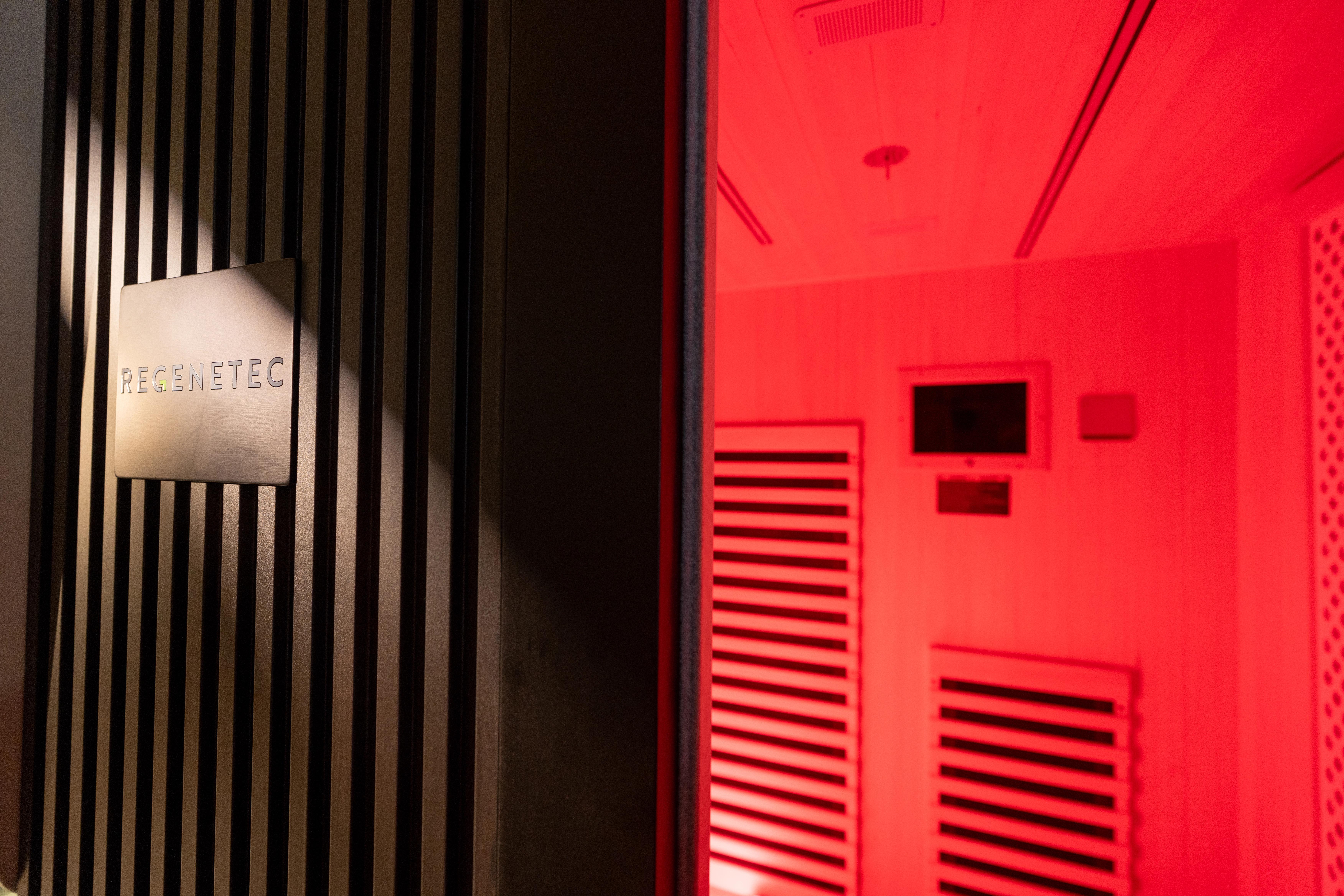 Close up of Infrared Sauna opening with glowing red light