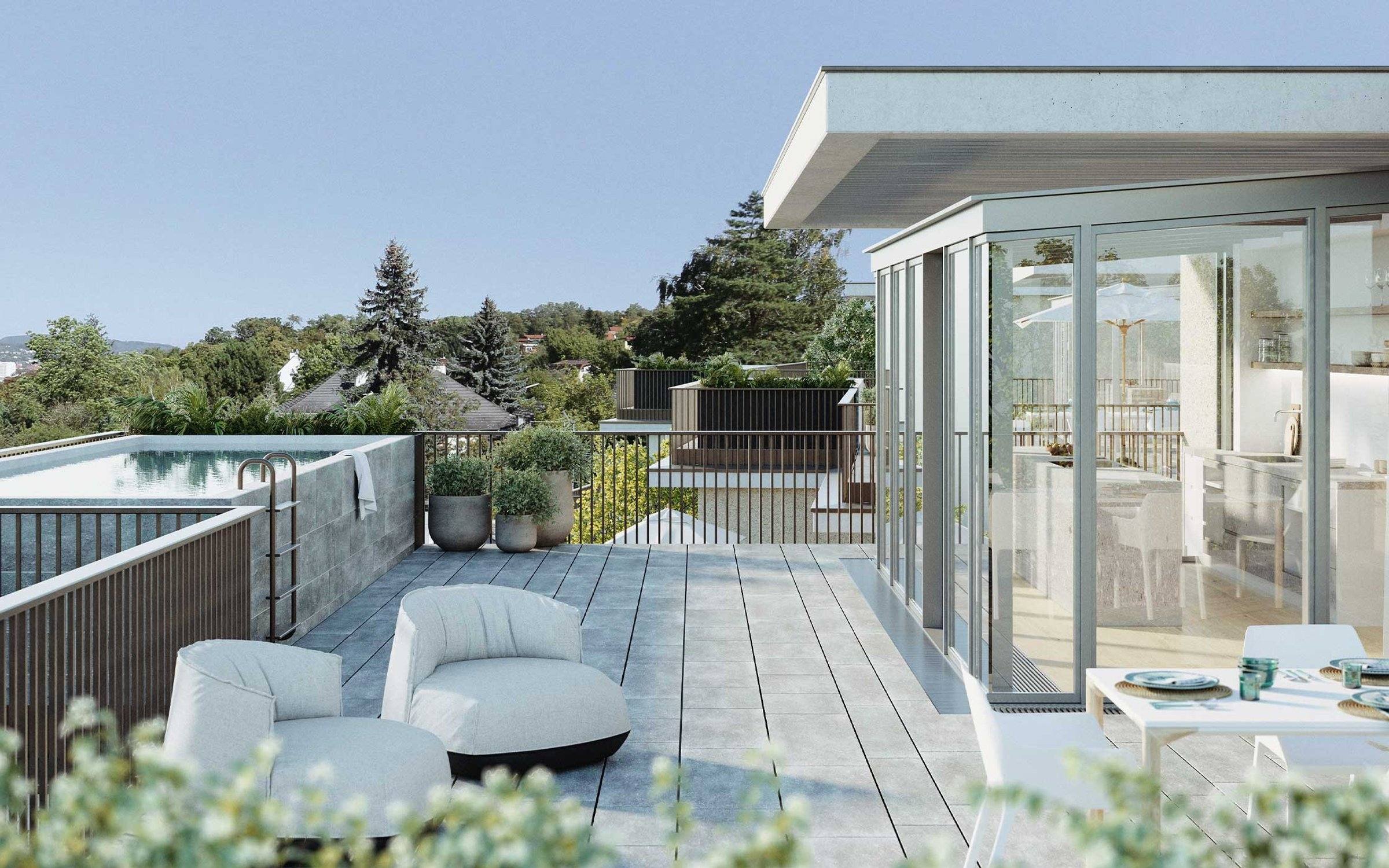 Exklusives Penthouse mit großzügiger Terrasse und Blick ins Grüne