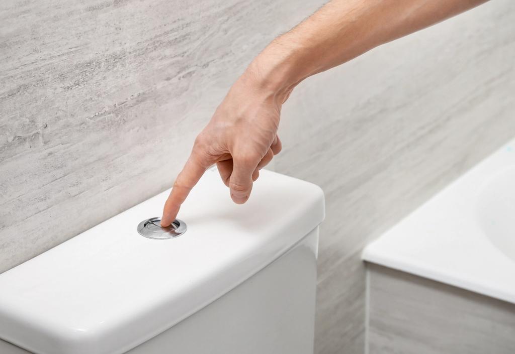 A person flushes a toilet using a dual-flush