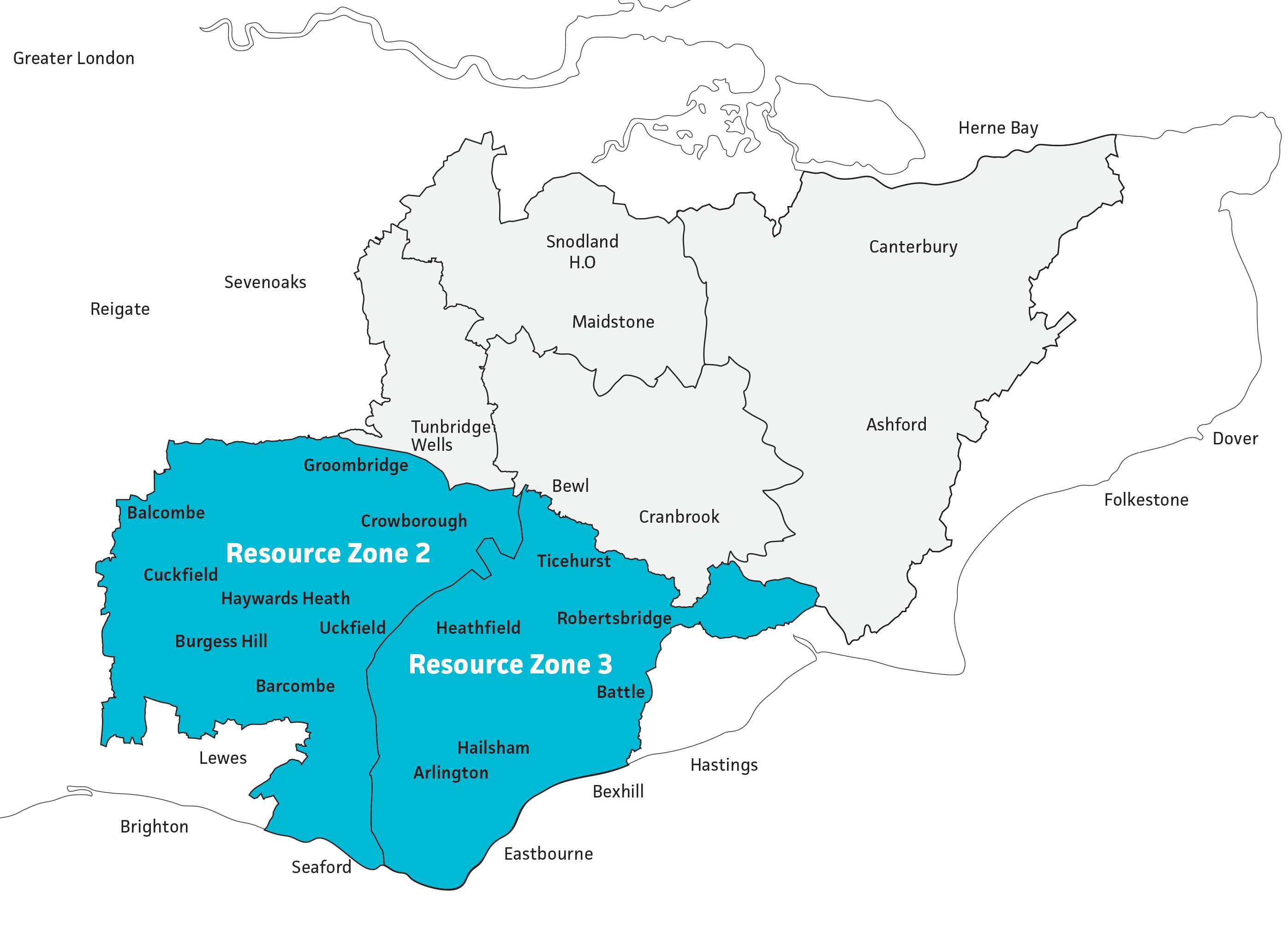 A map showing the affected areas in Sussex if a Non Essential Use Ban is implemented