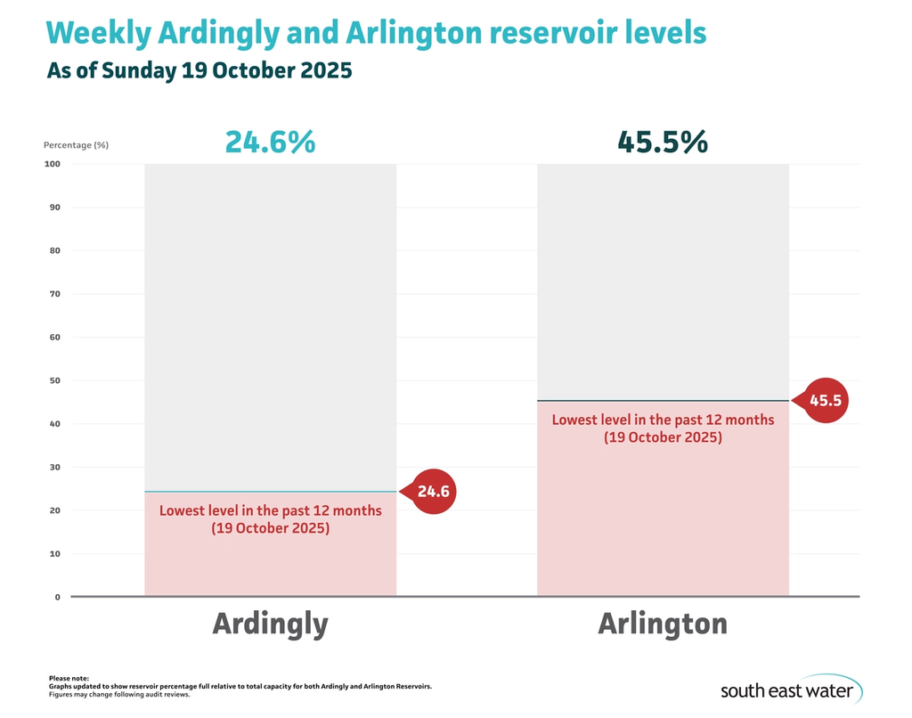 Bar graph showing current Ardingly and Arlington reservoir levels. As of Sunday 19 October 2025, Ardingly Reservoir and Arlington Reservoir are 24.6 per cent and 45.5 per cent full, respectively.