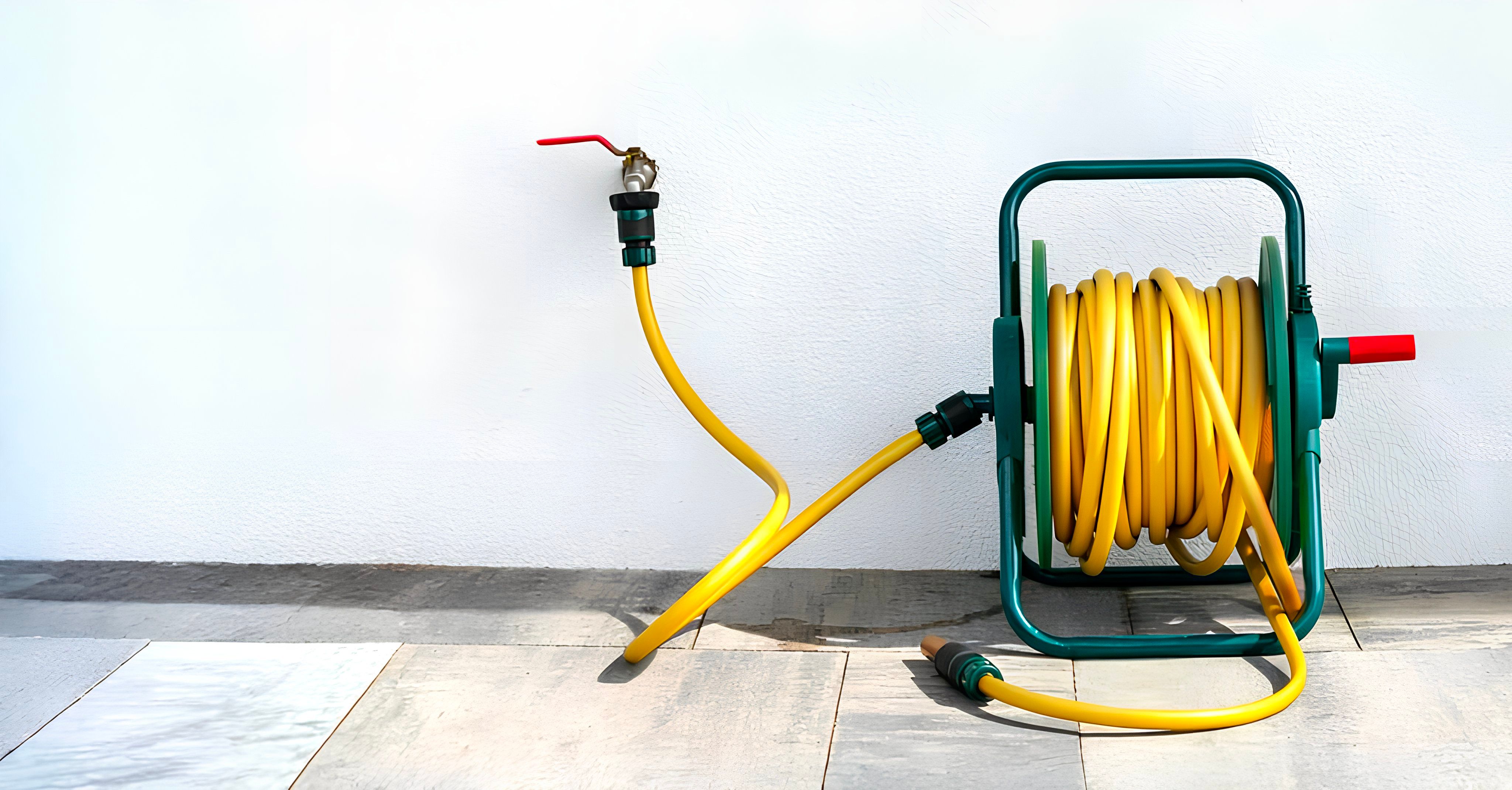 A yellow hosepipe that is reeled in.