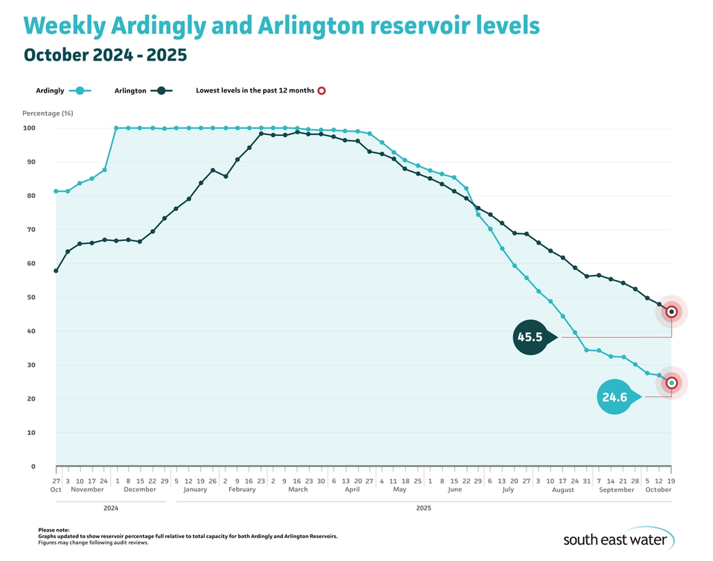 Line graph showing current Ardingly and Arlington reservoir levels. As of Sunday 19 October 2025, Ardingly Reservoir and Arlington Reservoir are 24.6 per cent and 45.5 per cent full, respectively.