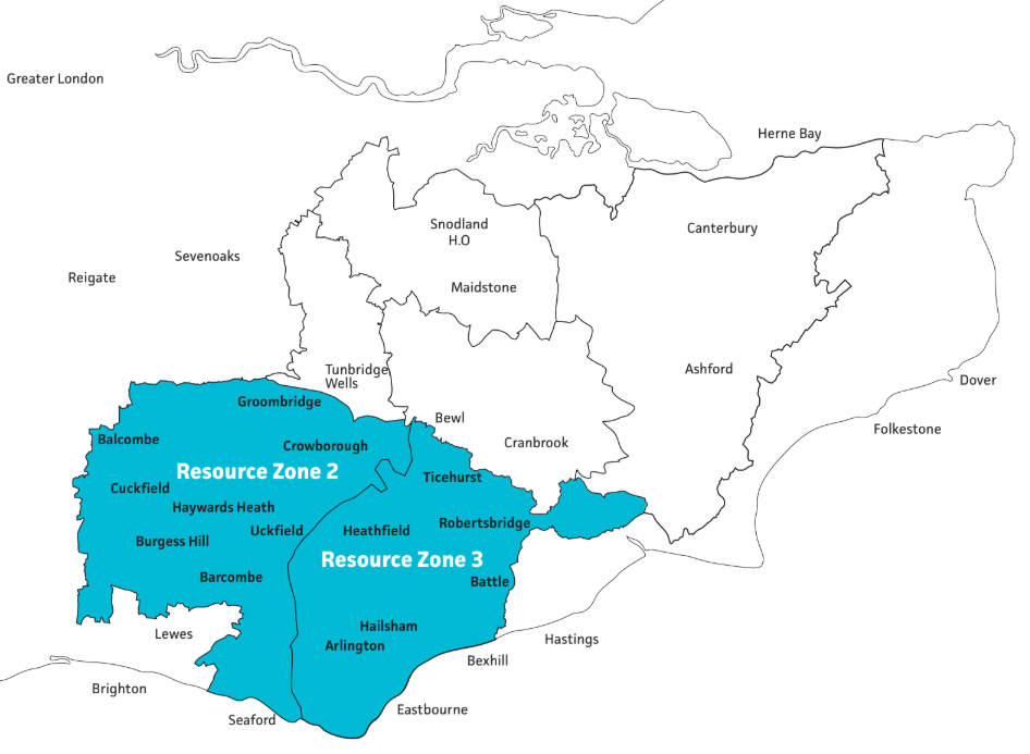 Map of areas likely affected by a NEUB in Sussex