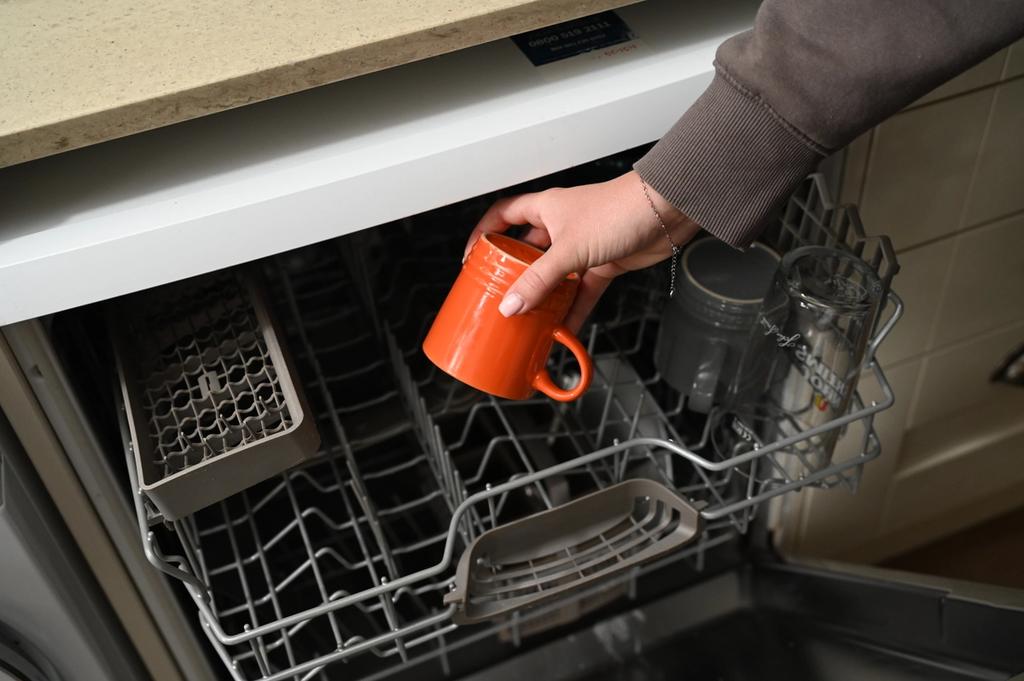 A person loading a dishwasher