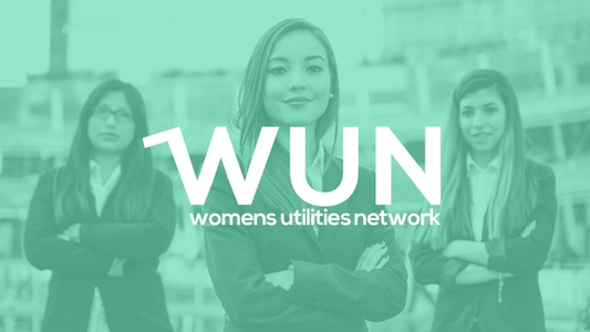 Graphic of three women standing with their arms crossed with the Womens utilities network logo in front of them