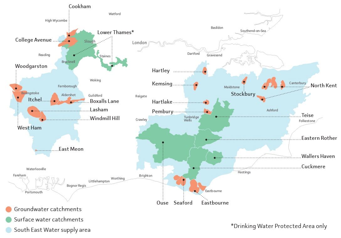 The map shows the target areas for our groundwater and surface water catchment management programme.