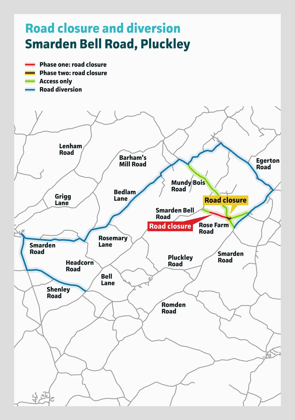 Graphic showing diversion route for a closure on Smarden Bell Road