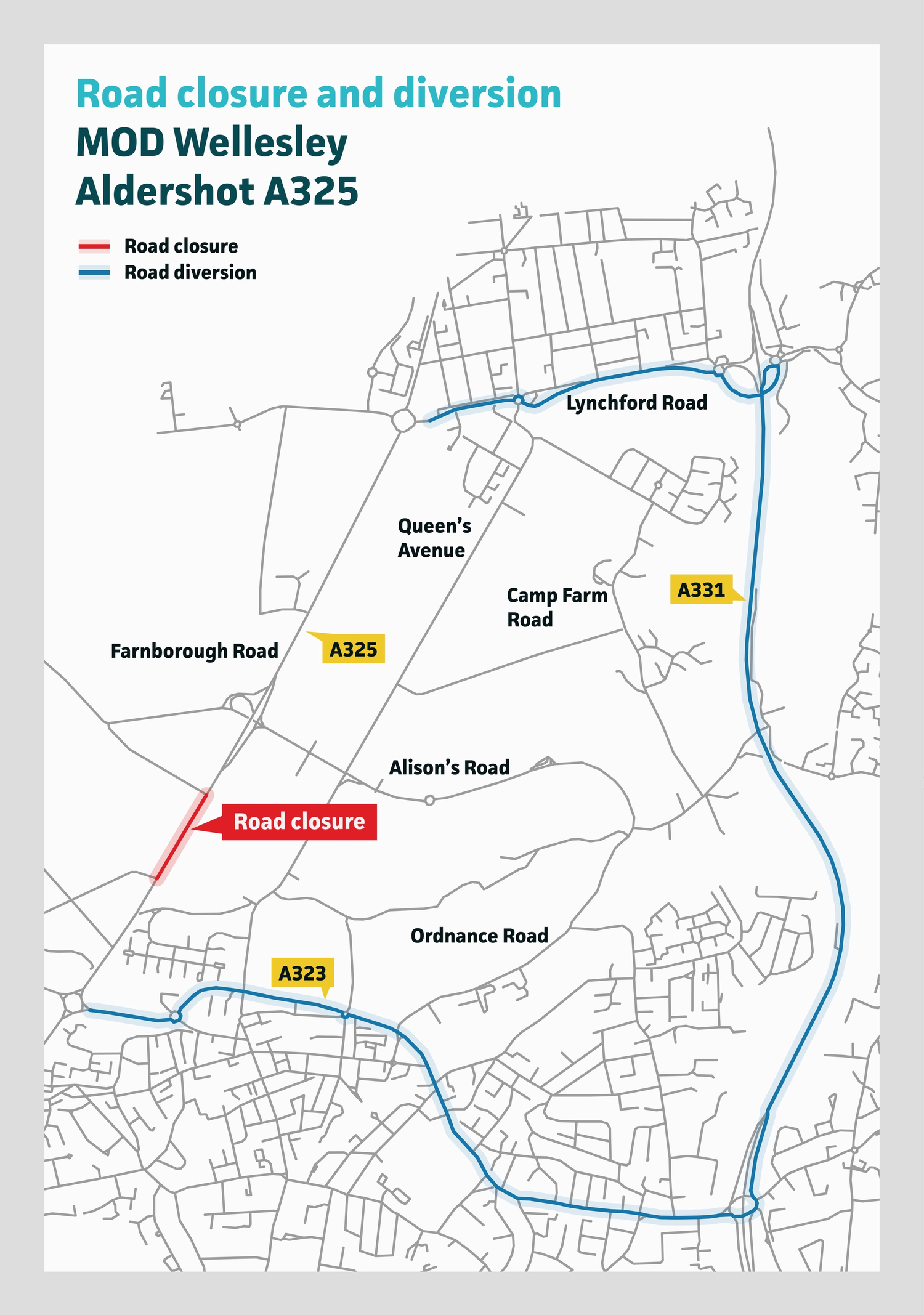 Map showing the road closure on Farnborough Road and diversion route