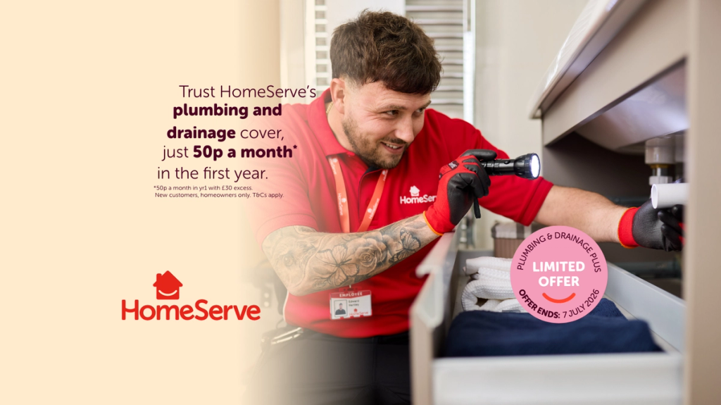 A smiling HomeServe engineer shines a torch while working. Text offers plumbing and drainage cover for 50p a month in the first year. Offer is valid until 7 July 2026