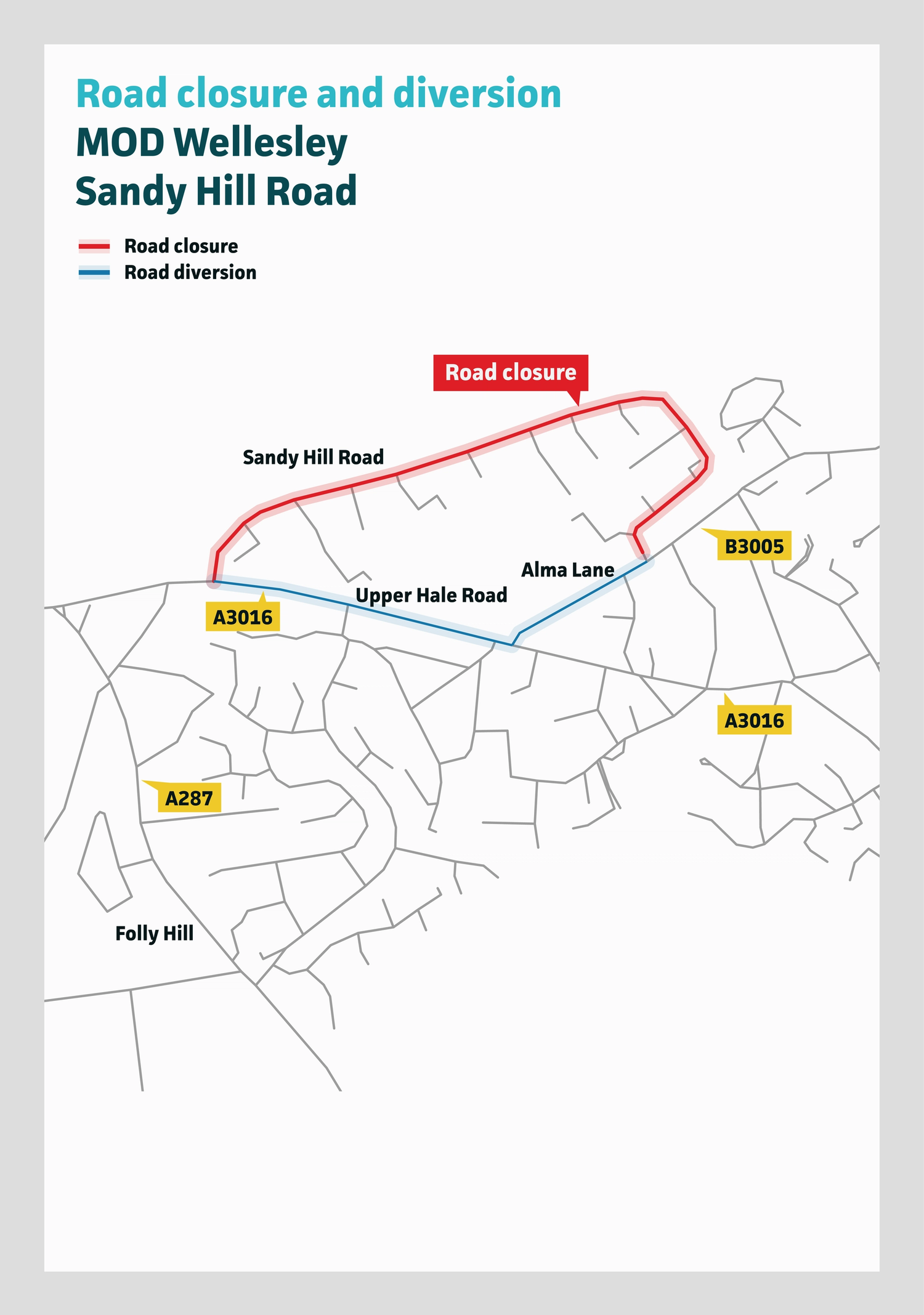 Map showing the road closure in Sandy Hill Road
