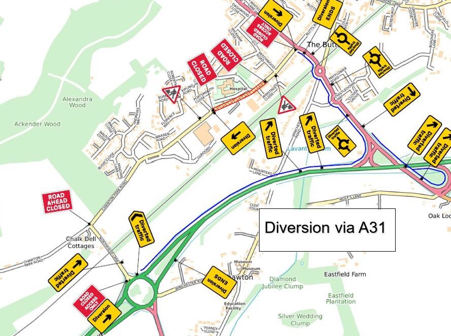 Map showing road closure and diversion signs