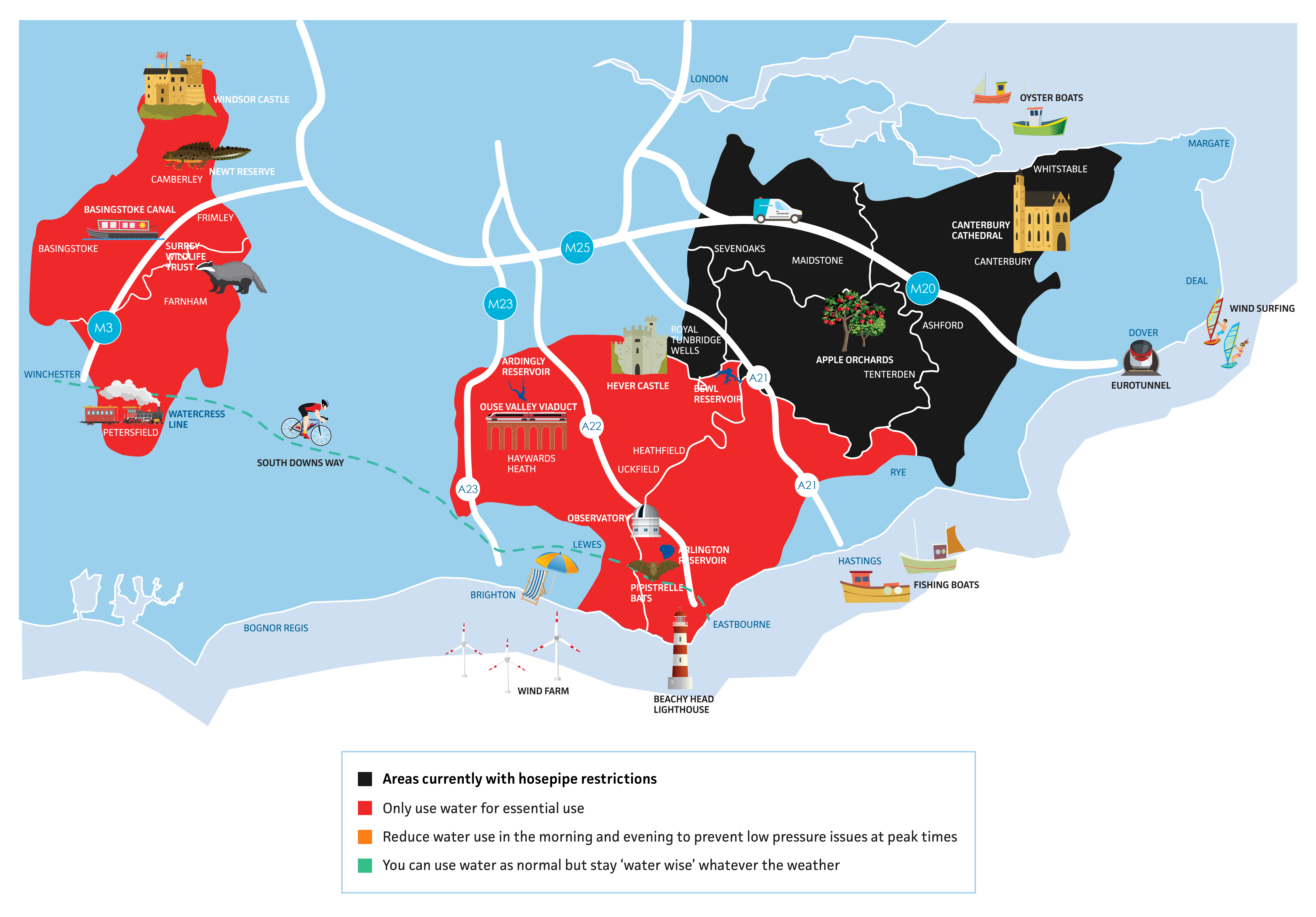 A map of our entire operational area. Sussex, Surrey, Berkshire and Hampshire are coloured red, which means customers should use water for essential purposes only. Kent is coloured black, which means there are hosepipe restrictions in place. 