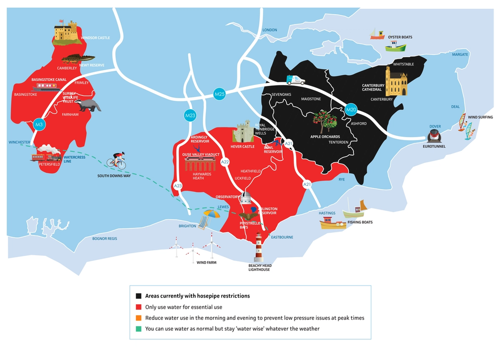 A map of our entire operational area. Sussex, Surrey, Berkshire and Hampshire are coloured red, which means customers should use water for essential purposes only. Kent is coloured black, which means there are hosepipe restrictions in place.
