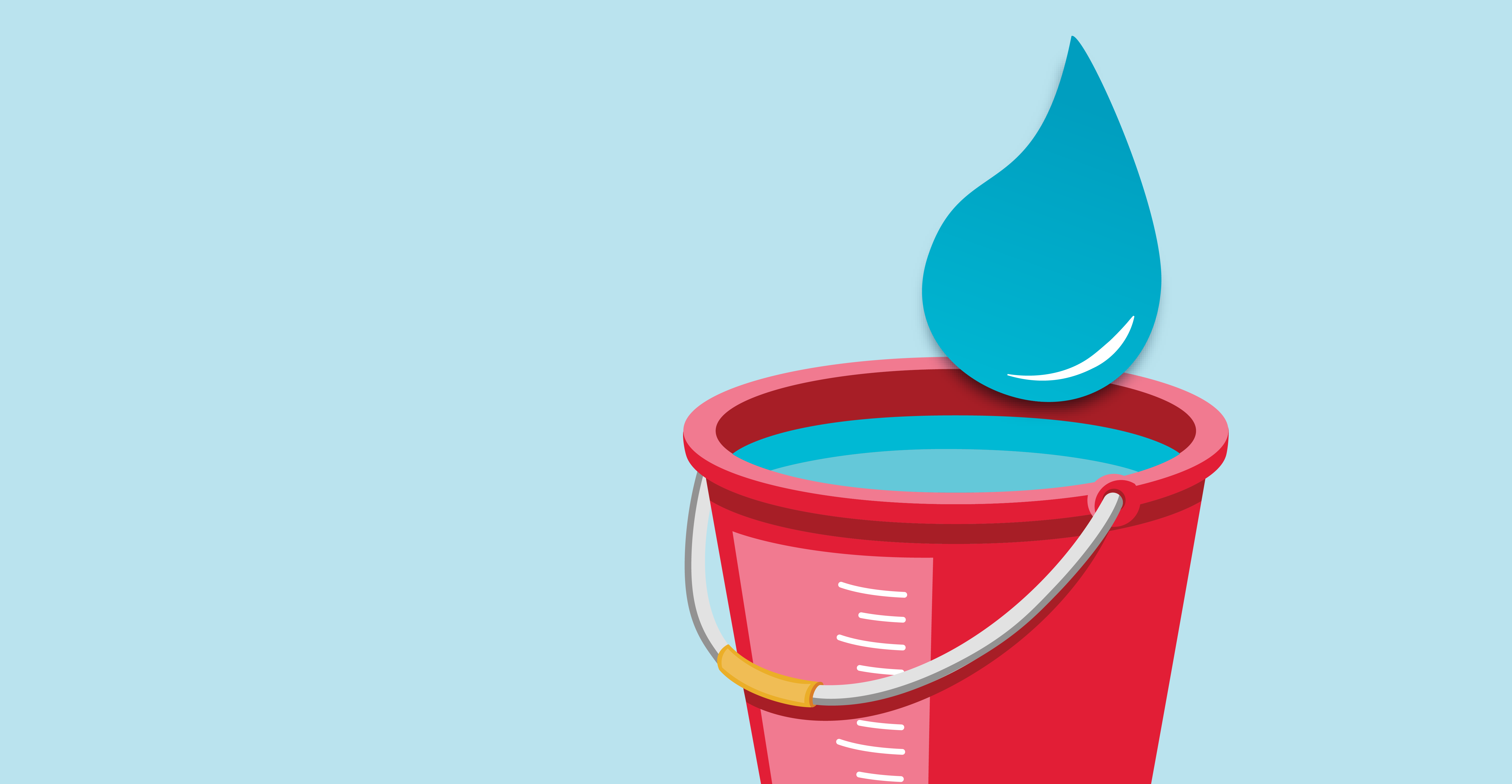 Illustration of a large blue water drop hovering just above a red bucket filled with water against a light blue background.