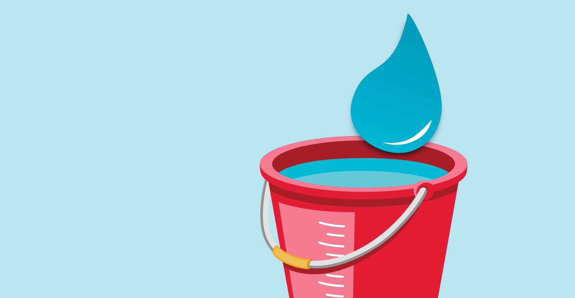 Illustration of a large blue water drop hovering just above a red bucket filled with water against a light blue background.