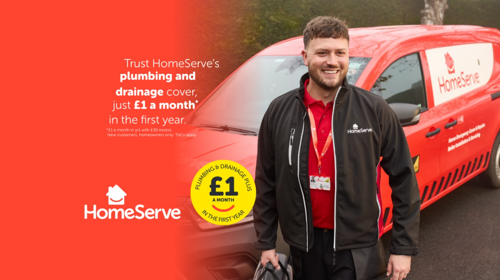 A smiling HomeServe engineer working. Text offers plumbing and drainage cover for £1 a month in the first year.