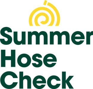 Summer Hose Check with a hosepipe rising from the top that looks like a rising sun.