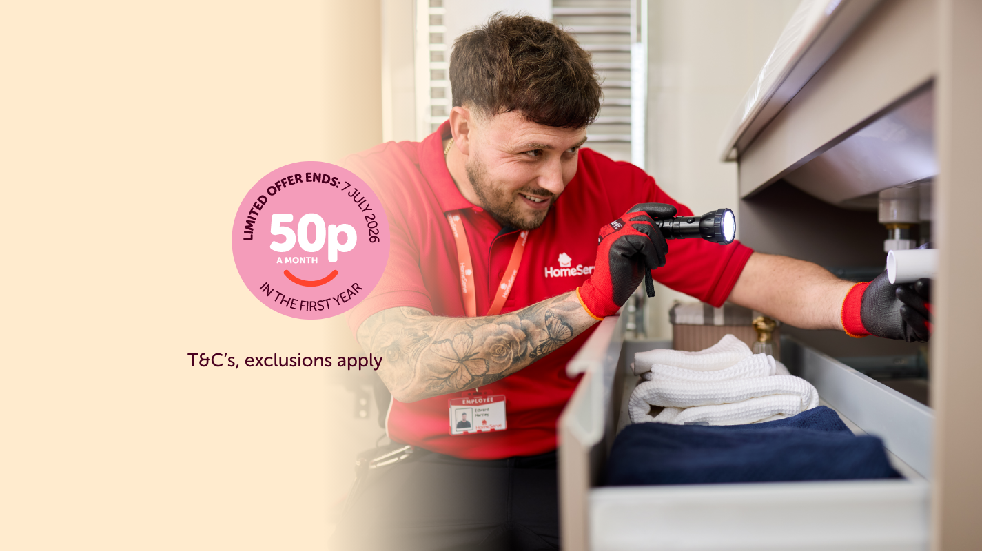 A smiling HomeServe engineer shines a torch while working. Text offers plumbing and drainage cover for 50p a month in the first year. Offer is valid until 7 July 2026