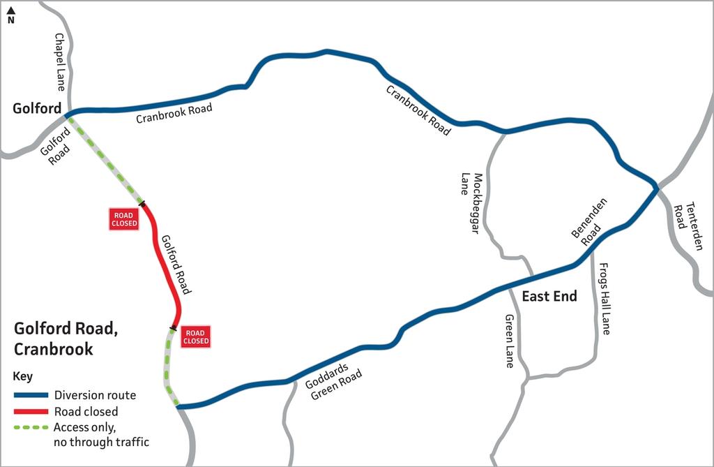 Graphic showing road closed and the diversion route via Goddards Green Road