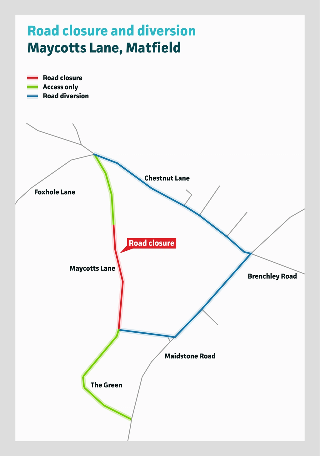 Graphic showing the diversion route for a road closure on Maycotts Lane
