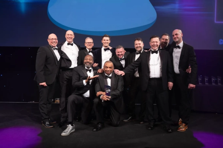 Image of award winning, Head of Engineering, Desmond Brown, received the award on behalf of South East Water at the Grosvenor House Hotel in London, with Operations Director Douglas Whitfield, Delivery Manager Chris Love, Project Manager Paul Beaumont and Head of Operations (Kent), Nick Bell also in attendance, alongside representatives from our partners DDS Contracting and AtkinsRéalis.