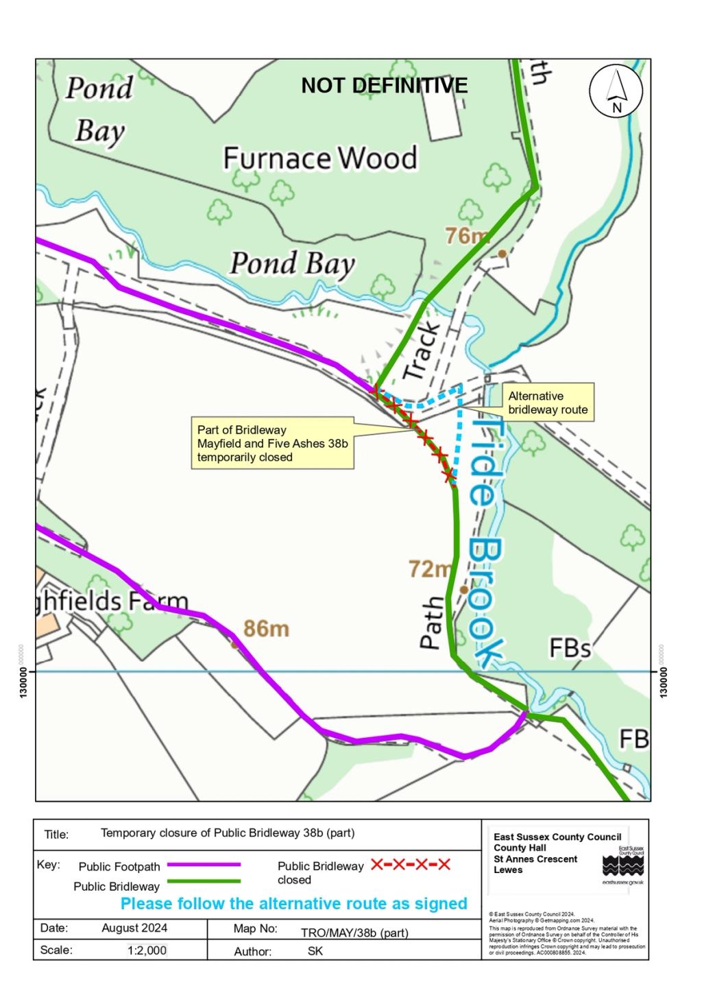 Graphic showing diversion for part of Mayfield and Fives Ashes 38b Bridleway