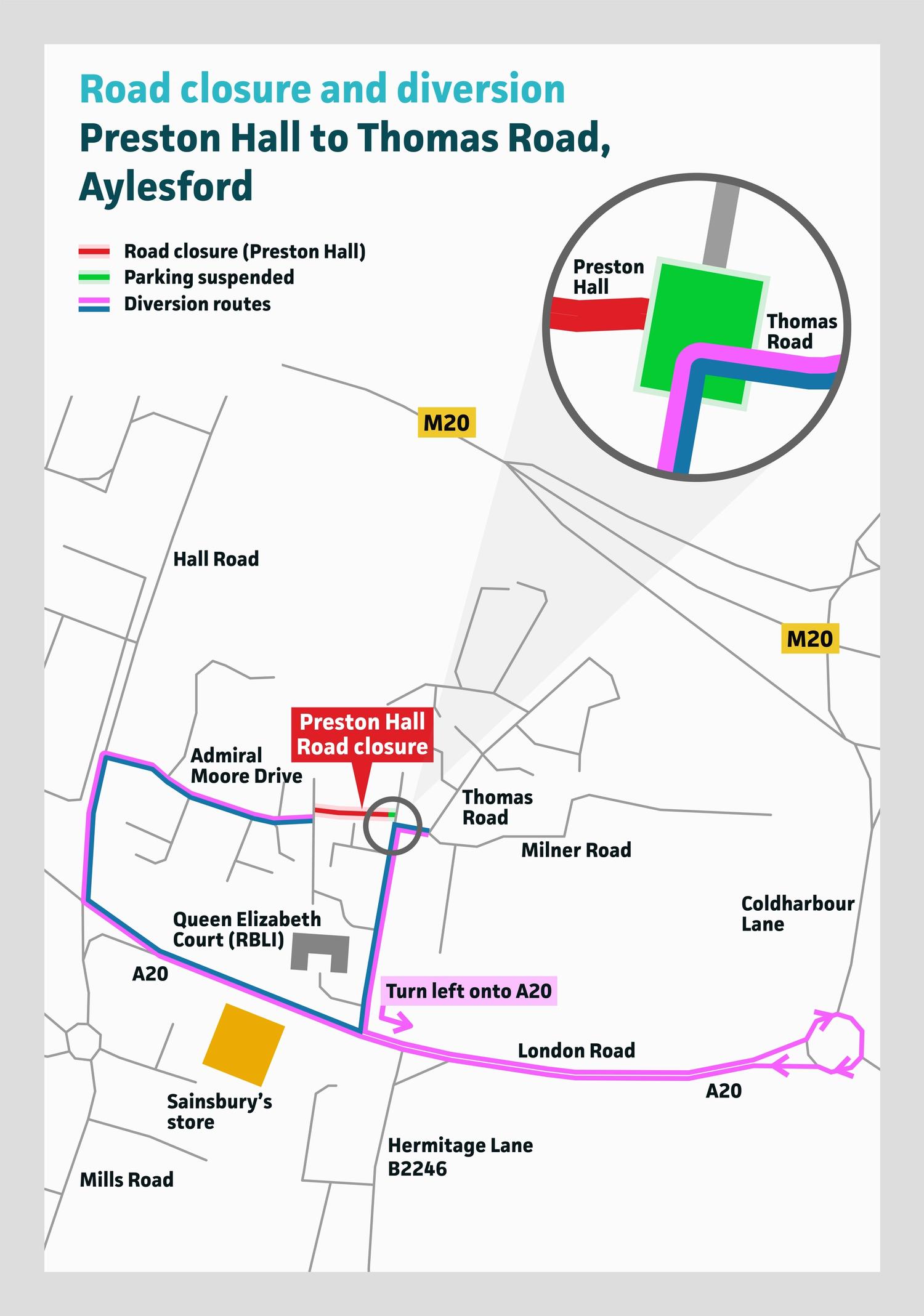 A map showing a diversion route and road closure on Preston Hall, Aylesford